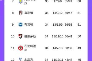 争五白热化！英超积分榜：维拉先赛仍第7，5-7名积分相同